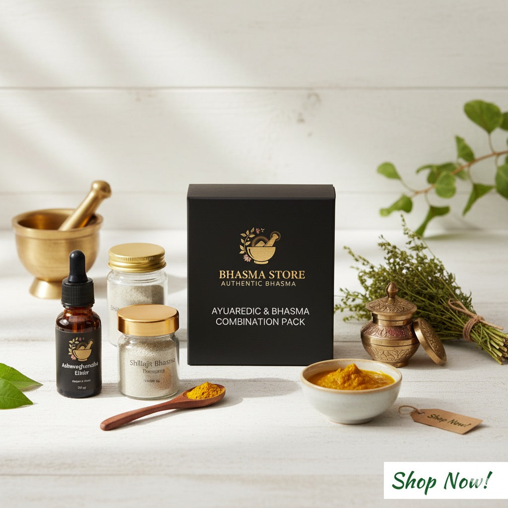 Bhasma Combination - Sona bhasm, Hira Bhasm, Oil for massage for length and thickness, Safed musli, Shilajit and Special bhasma combo